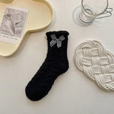 Bonnyshow Warm Coral Velvet Socks for Women Kawaii Flower Bows Mid Tube Sock Lady Thicken Warm Plush Sleep Home Floor Socks