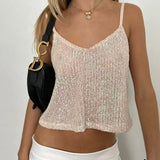 Bonnyshow  Women Sequin Cami Tops Sparkly V Neck Spaghetti Strap Backless Shirts Trendy Summer Clothes for Party Clubwear