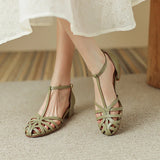 Bonnyshow  Shoes Female Sandal 2025 Women's Girls Beige New Summer Comfort Low Retro Flat Back Strap Square Heel Rubber PU Scandals Solid