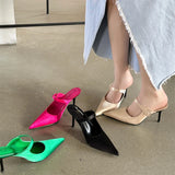 Bonnyshow  Satin Button Pointed Toe Mules Pumps Women Slipper Fashion Shallow Thin High Heels Ladies Shoes