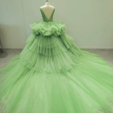 Bonnyshow Real Image Big Volume Pleated Tulle Evening Dresses Ruffles Trimmed Tutu Tulle Wedding Gowns Bridal Dress