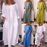 Bonnyshow Summer Women Casual  Dress Solid Color Oversize Maxi Cotton Linen Long Shirt Kaftan Female Dress Plus Size 3XL vestidos