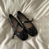 Bonnyshow  Square Toe Red Rivet Mary Jane Shoes Women Elegant Spring Autumn Flats Shoes Ladies Shallow Casual Black Loafers Footwear 2025