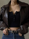 Bonnyshow Short Leather Women's Jacket Minimalism Solid Color Vintage Jackets Autumn Casual Retro Women Coat Classic Coats Outerwear