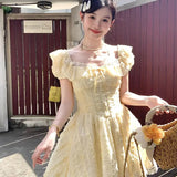 Bonnyshow  Spring New Sweet Girl Super Fairy Fresh Sweet Cute Slimming Cake Dress Bubble Sleeve Chic Yellow A-line Mini Dress for Women