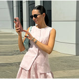 Bonnyshow  Two Pieces Set Women's Vest Skort Suits Sleeveless Button-front Top Ruffled Loose Shorts Summer Office Casual Daily Outfit