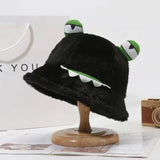 Bonnyshow Cute Frog Fisherman Hat for Women Winter Fluffy Fur Bucket Hats Funny Cartoon Warm Thicken Female Girls Plush Hats