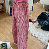 Bonnyshow  Plaid Print Straight Pants Lace Patchwork Bow Aesthetic Y2K Baggy Trousers Fashion Streetwear Joggers Women Bottom