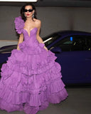 Bonnyshow Eye Catching Violet Long Evening Dresses With Ruffles Trim And Flower Details One Shoulder A-line Formal Party Dress