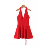Bonnyshow  Sexy Red Halter Dress Women Slim Low Waist Spliced 3D Flower Swing A-lined Backless Short Dresses Summer Robe