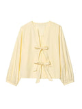 Bonnyshow  Chic Hollow Out Pleated Blouses Women Loose Fit Long Flare Sleeve Chiffon Shirts 2025 V-neck Lace Up Street Fashion Comfort Tops