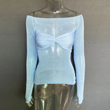 Bonnyshow Sheer Off-Shoulder Top Shirt for Women New Long Sleeve See-Through Lace Knit Pullover Tops Summer Mesh Top Tee Shirt