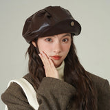 Bonnyshow Autumn Leather Berets Hat for Women Korean Solid Color Octagonal Cap Female Girls Japanese Vintage Painter Artist Hats