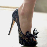 Bonnyshow  Summer Flower Lace Big Bowtie Peep Toe Pumps Stiletto Heels Side Cutout Woman Patent Leather Patchwork slip on weding Shoes