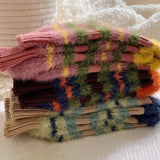 Bonnyshow Colorful Striped Socks Women Autumn Winter Mink Fleece Floor Sock Soft Thicken Plush Indoor Socks Female Fluffy Sox