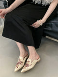 Bonnyshow  Summer Pointed Toe Women Slippers Fashion Vintage Embroidery Square Low Heels Party Dress Mules Shoes
