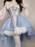 Bonnyshow French Romantic Style Lolita Op Elegant Girl Cosplay Princess Puff Sleeve Ribbon Bowknot Flower Tunic Mesh Fantastic Fairy Dress