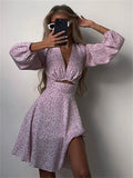 Bonnyshow  V-Neck Printed Mini Dress For Women Summe Fashion Hollow Out Elegant Long Sleeve Dress Outfits Patchwork Slin Dress