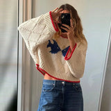 Bonnyshow  Fashion Loose Knitted Sweater Women Red Trim O-neck Full Loose Sleeve Sweaters 2025 Elegant Female Casual Stylish Autumn Winter