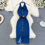 Bonnyshow  Fashion Halter Belt Jeans Long Dress For Women Single Breasted High Waist Slim Maxi Dress Lady 2025 Summer Chic Street Vestidos