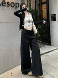 Bonnyshow  Women's Chic Lace Patchwork Waist Wide Leg Full Length Pants Lady Summer Autumn Streetwear Loose Straight Long Pants