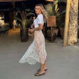 Bonnyshow White Lace Maxi Skirt Women Sexy See Through Beach Bikini Cover Up Skirts Summer Casual Loose High Waist Holiday Skirt