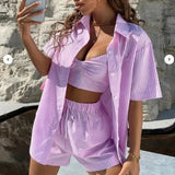 Bonnyshow Summer Casual Activewear Women's Shorts Set Striped Street Short Sleeve Shirt Tops Loose Drawstring Mini Shorts Two-Piece Set