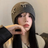 Bonnyshow Korean Bow Beanie Cap for Women Y2K Winter Warm Knitted Wool Hat Solid Color Female Ear Protection Hats Bonnet