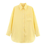 Bonnyshow  Women Oversize Yellow Striped Shirt Front Patch Pocket Long Sleeve Lapel Collar Streetwear Blouse Loose Lady Shirts