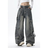 Bonnyshow Women Blue Jeans Cargo Pants Streetwear High Waist American Wide Leg Pants Fashion Y2K Style Female Winter Straight Trousers