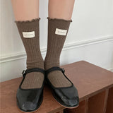 Bonnyshow Korean Cotton Ruffles Middle Tube Socks for Women Solid Color Label Pile up Socks Japanese Lolita Girl Accessories New year gift