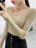 Bonnyshow Spring Autumn V Neck Women Sweater Casual Long Sleeve Slim-fit Tops Knitted Pullover Sweaters Femme Basic Solid Pull Clothes