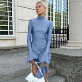 Bonnyshow Blue Turtleneck Mini Dress Women Elegant Flare Long Sleeve Bodycon Dresses Autumn Winter Fashion Ruffle Irregular Party Dress