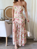 Bonnyshow  Women Off Shoulder Ruffle Dress Elegant Floral Print High Low Hem Maxi Dress for Wedding Party Prom Evening Gown Beach