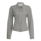 Bonnyshow  Back Tie-up Bow Checkerboard Shirt Women's Fall Spring Single-breasted Turn-down Collar Blouses Ladies Retro Plaid Tops