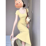 Bonnyshow  Summer Women's Korean Graceful Square Collar Slim Dress Lady Fashion Joker Solid Long Short Sleeve Dresses 2025 New Clothing