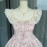 Bonnyshow  Sweet Girl Square Neck Small Flying Sleeves Bow Floral Dress Women Summer French Pincess Style Spliced Lace Cake Fluffy Dresses