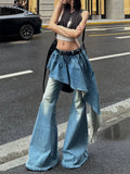 Bonnyshow  Retro Washed Fake Two Piece Spliced Flare Jeans for Women Spring and Summer New Stylish Spicy Girl Loose Casual Pants