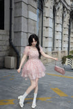 Bonnyshow  Summer Pink Lolita Mini Dress Women   Print Korea Cute Kawaii Party Female Puff Sleeve Beach Casual Elegant Fairy Sweet Dress