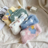 Bonnyshow Winter Mink Velvet Socks for Women Kawaii Floral Print Plush Sock Solid Color Cartoon Warm Female Lady Mid Tube Socks