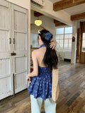Bonnyshow  French Blue Floral Neck Sling Women'S Fashion Backless V-Neck Vacation Leisure Mid Length Hanging Neck Dress New