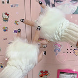 Bonnyshow Japanese Harajuku JK Plush Fingerless Knitted Cuff Gloves Y2K Sleeve Cover  Winter Warm Dew Half Finger Arm Gloves Mittens