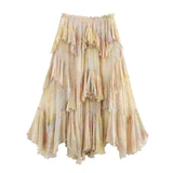 Bonnyshow  Elegant Irregular Women's Skirt Beach Printing Flower Ruffle Hem Ankle-length Female Skirts 2025 Summer Fashion Lady Outwear