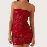 Bonnyshow  Women Y2K Sequin Strapless Mini Dress Sparkly Rhinestone Backless Tube Dress Glitter Floral Bodycon Party Club Dresses