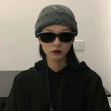 Bonnyshow Solid Color Knitted Hat Punk Hip Hop Beanies for Men Women Metal Pin Ring Brimless Melon Cap Winter Warm Crochet Bonnet Gorras