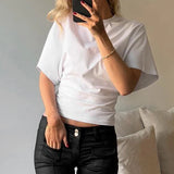 Bonnyshow  Solid Cotton O-Neck Pullover Waist Short Top Women Short-Sleeved Loose T-shirt Causal All-Match Shirts Summer Basic New