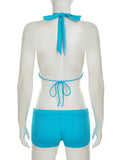 Bonnyshow  Sexy Solid Beach Halter Neck Suit Bodycon Vintage Harajuku Blue Drawstring Elastic Set Slim Vacation Bikini Set