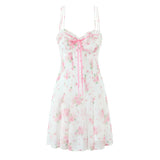 Bonnyshow  Women Wire Bra Wood ears Bow V Collar Push Up Bandage Backless Sling Dress Sexy Floral Print Night Out Party Summer Robe
