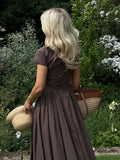 Bonnyshow  Solid Pleated Short Sleeve Women Dress Minimalist Waist Loose Skirt 2025 Summer Casual Female Vestido Daily Commuting Lady Robe