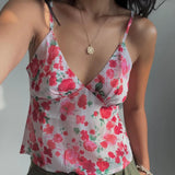 Bonnyshow  Floral Print Backless Tie Up Camis Y2k Fairy Aesthetic Crop Tops Women Coquette V Neck Tank Top Women Trendy Vest